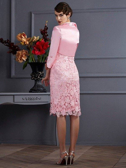 Sheath/Column Halter Sleeveless Lace Short Elastic Woven Satin Mother of the Bride Dresses - RongMoon