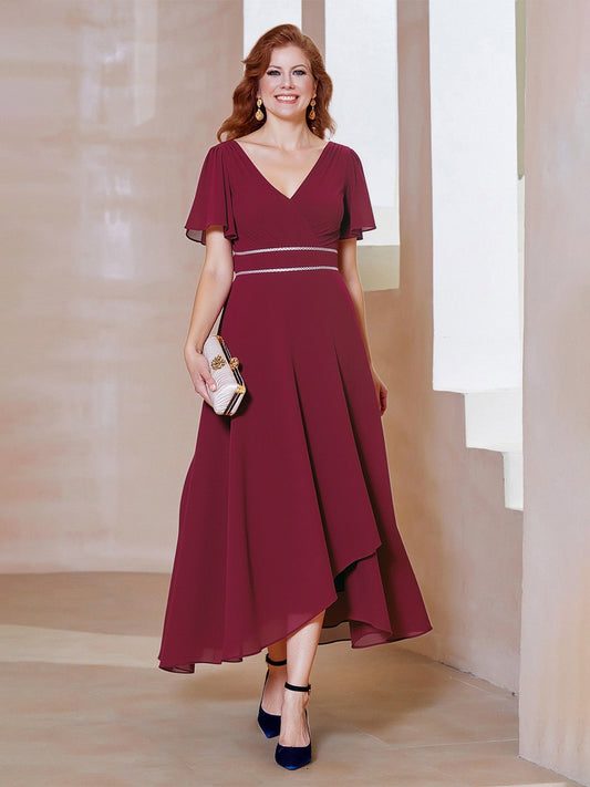 Asymmetrical Hem Cocktail Dress with Beaded Waist Detail Burgundy