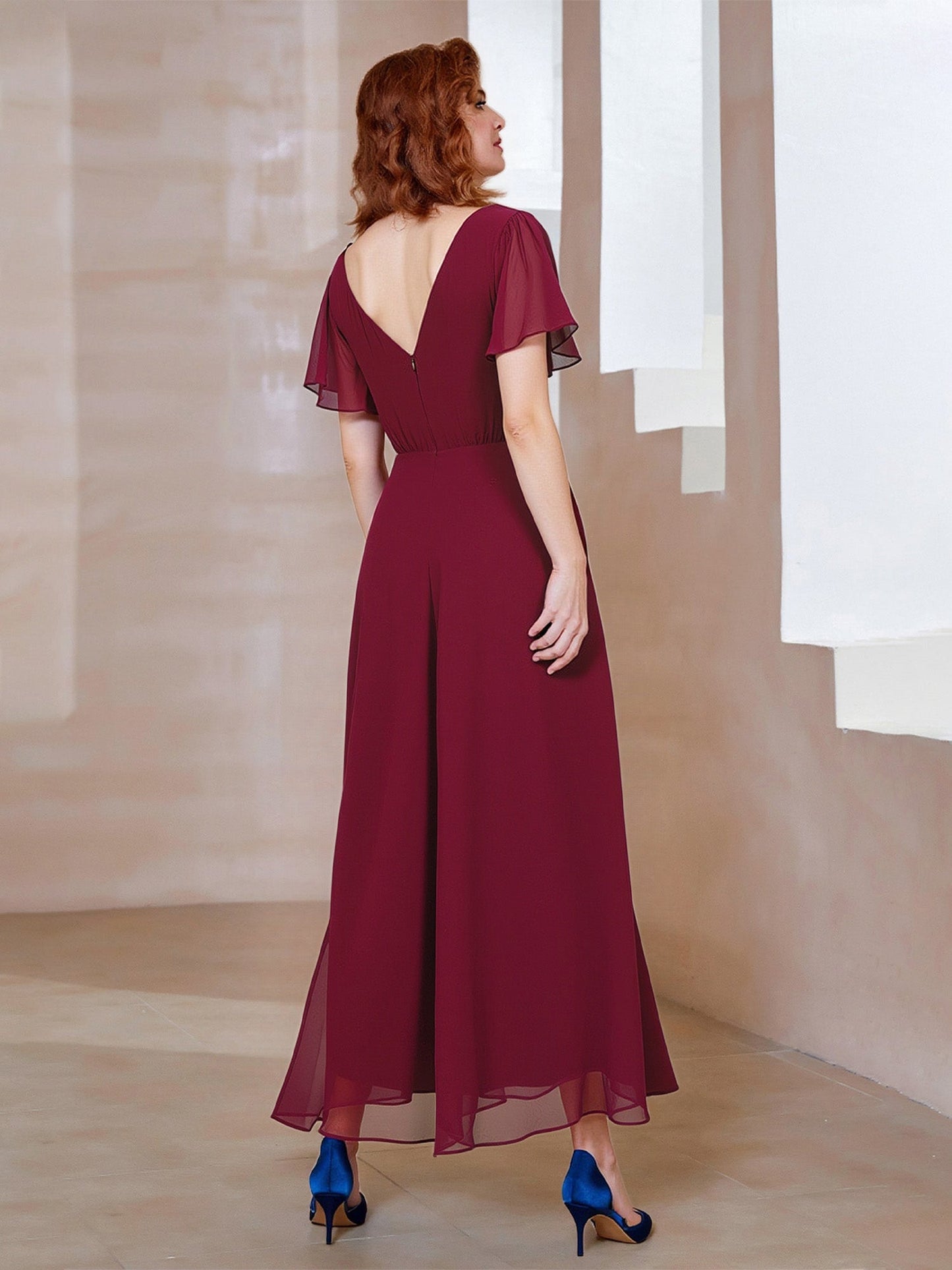 Asymmetrical Hem Cocktail Dress with Beaded Waist Detail Burgundy