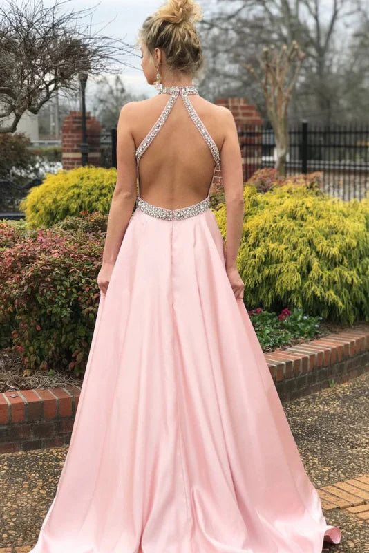 Pink Halter Sleeveless Beaded Mermaid Prom Dress