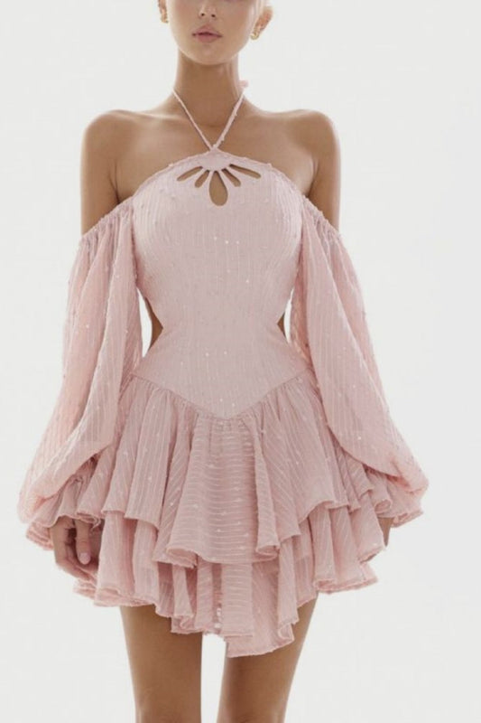 Girlhomeshops-Pink Sweet Long Sleeve Short Chiffon Ruffle Homecoming Dress gh5334