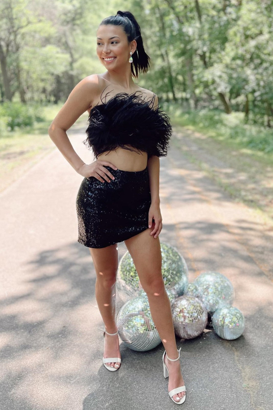 Two-Piece Pink Sequin Feather Mini Homecoming Dress
