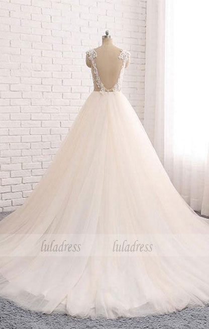 Custom made round neck lace tulle long prom gown, wedding dress