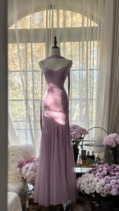 Retro Pink Sparkling Beaded Mermaid Chiffon Ball Gown Evening Dress Prom Dress HZ1024