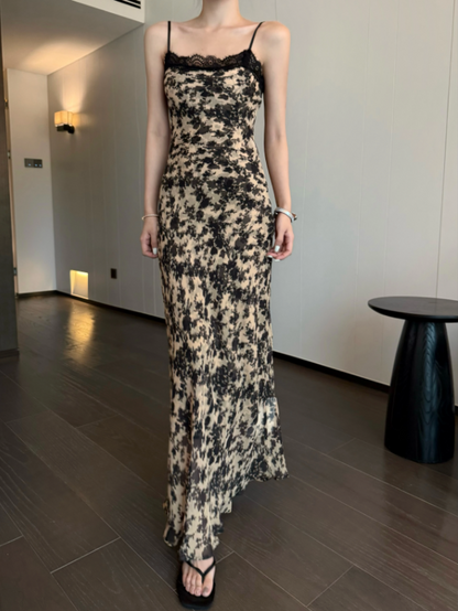 Simple Fashion Beige Floral Design A-line Beach Holiday Spaghetti Strap Dress HZ1024