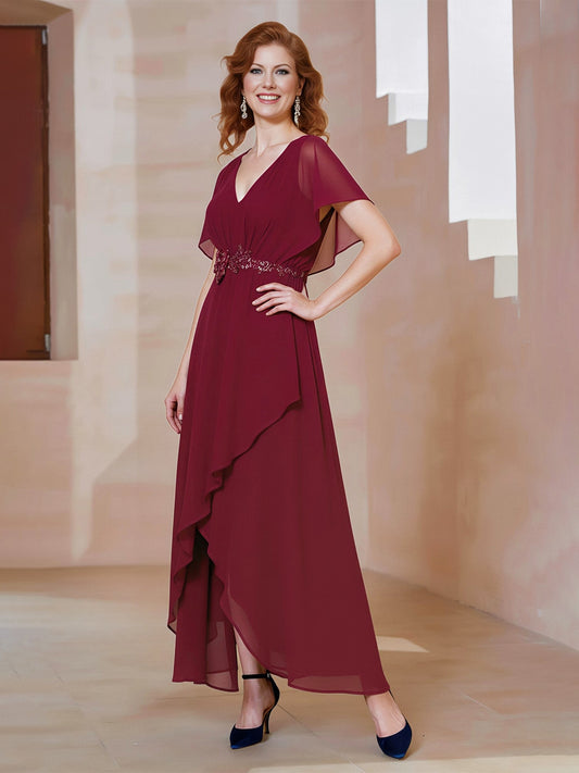 Chiffon High-Low Dress with V-Neck and Beaded Waist Burgundy