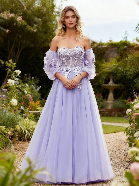 Corset Bodice A-Line Dress with Sheer Puff Sleeves Lavender