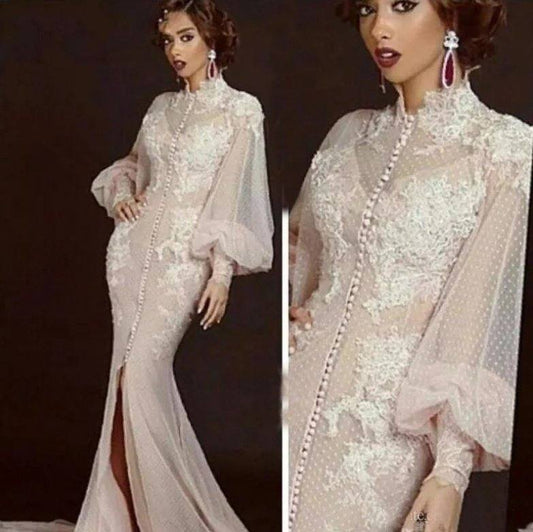 Plus Size Muslim Evening Dresses Mermaid Long Sleeves Tulle Appliques Islamic Dubai Saudi Arabic Long Formal Evening Gown - RongMoon