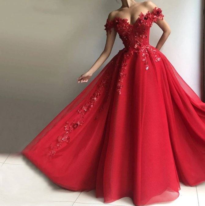 Red Off The Shoulder Prom Dresses 2021 Women Formal Party Night Vestidos A-Line Appliques Sequins Tulle Elegant Evening Gowns - RongMoon