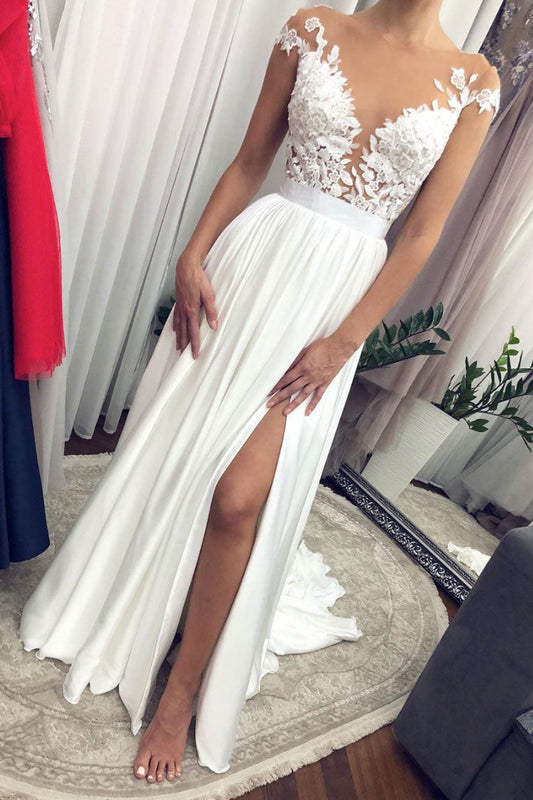 White round neck lace long prom dress white lace bridesmaid dress