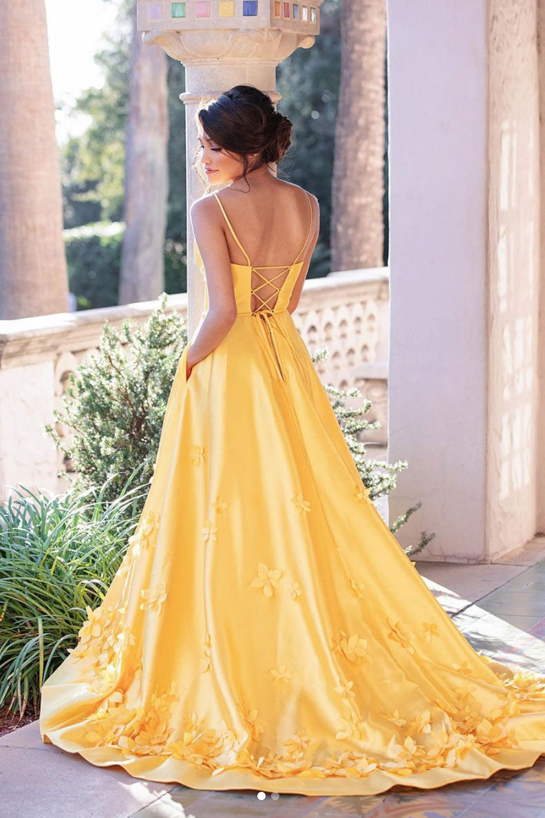 Yellow  satin long prom dress yellow evening dress