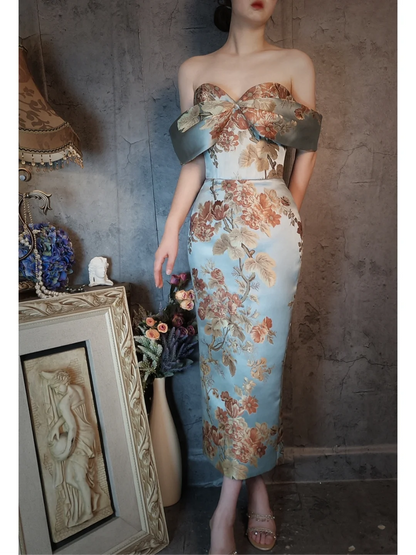Vintage Floral Off-the-shoulder Sweetheart Design Elegant Satin Evening Dress Prom Dress HZ1024