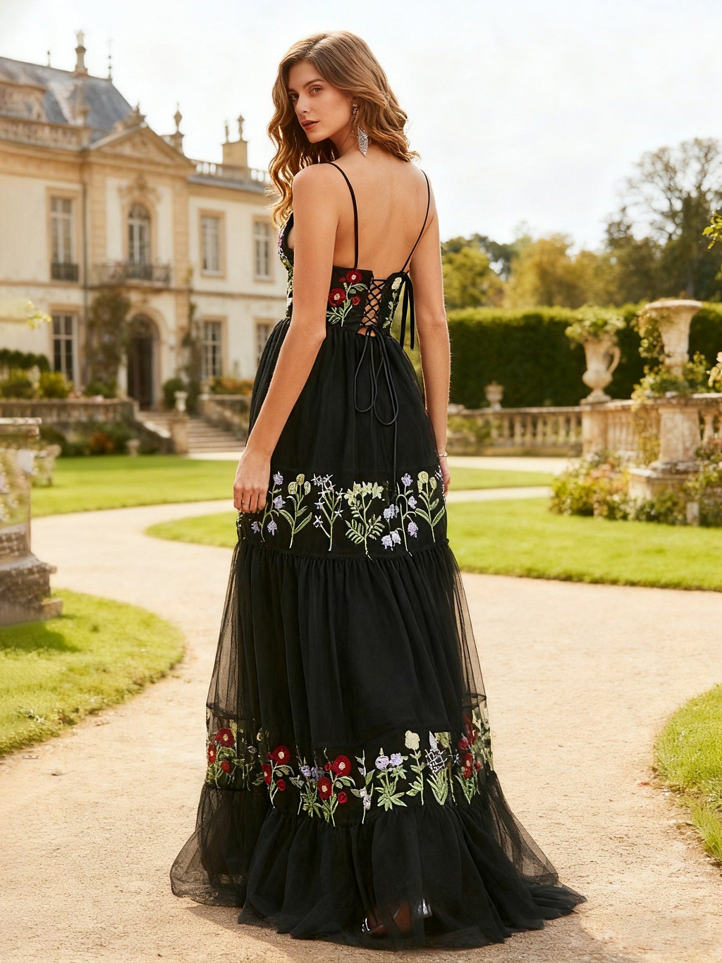 Floral Embroidered Tulle A-Line Gown with Lace-Up Back Black