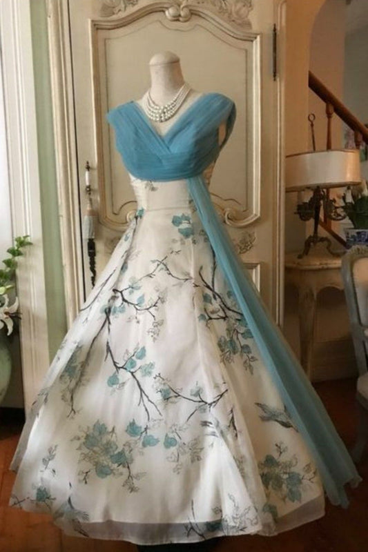 girlhomeshops-Blue Vintage Floral Long Tulle Ball Gown Wedding Dress gh5834