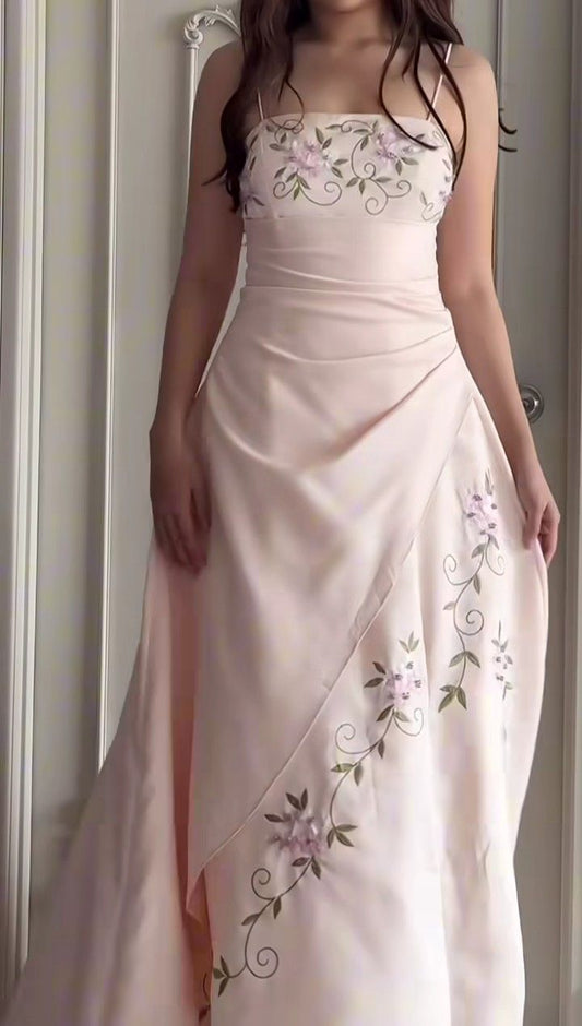 Light Pink Embroidery Camisole Gown: 3D Floral, Ruched Fitted, Date Evening Fairy Maxi Dress gh6601