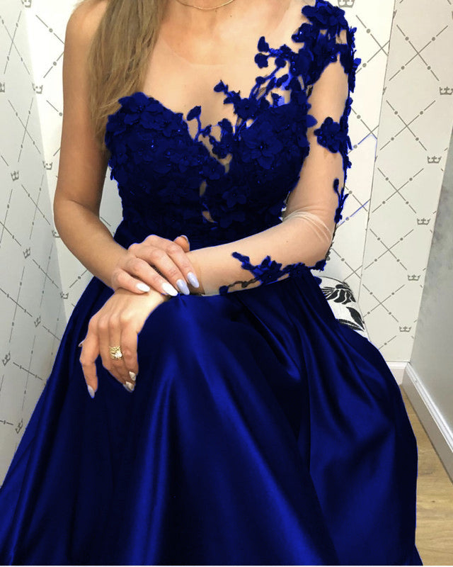 Lace Long Sleeves Satin Prom Evening Dresses One Shoulder