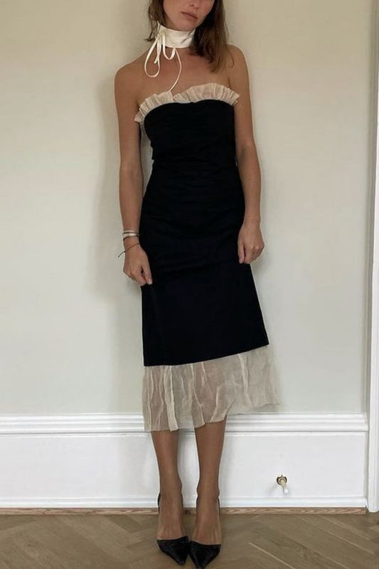 Light Vintage Luxury Elegant Style Halter Strapless Dress | Black-Apricot Contrast Tulle Ruffled Midi Dress for Date Luxury Party Outfit gh6442