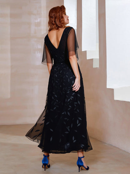 Embroidered Leaf Sequin Mesh Maxi Dress with Flutter Sleeves Black