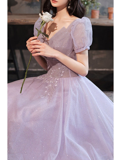 Aimishang A-Line Prom Dresses Gowns Evening Dresses Valentine's Day Wedding Guest Floor Length Short Sleeve V Neck Tulle with Sequin