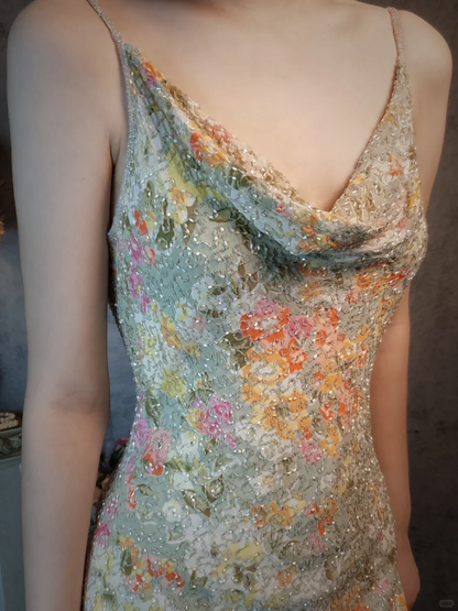 Vintage Floral Spaghetti Strap Sparkling Beaded Design Romantic Chiffon Evening Dress Prom Dress HZ1024