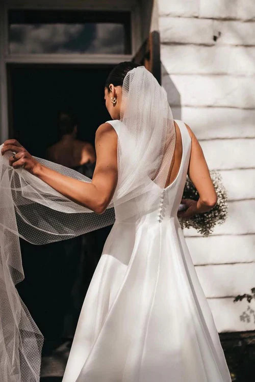 Aimishang Elegant Simple A-Line Square Neck White Satin Wedding Dresses
