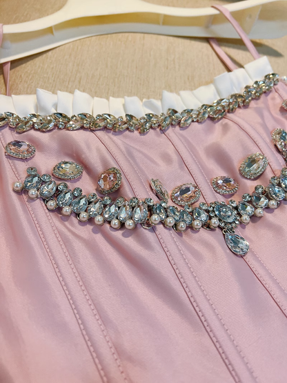 Chic Pink Spaghetti Strap Beading A-line V-neck Party Dresses Homecoming Dresses, HZ1024