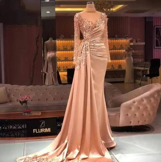 Luxury Evening Dresses Mermaid Long Sleeves Appliques Beaded Long Turkey Dubai Saudi Arabic Evening Gown Prom Dresses - RongMoon