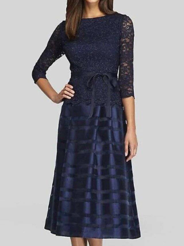 A-Line Mother of the Bride Dress Elegant Jewel Neck Tea Length Nylon Lace 3/4 Length Sleeve with Sash / Ribbon - RongMoon