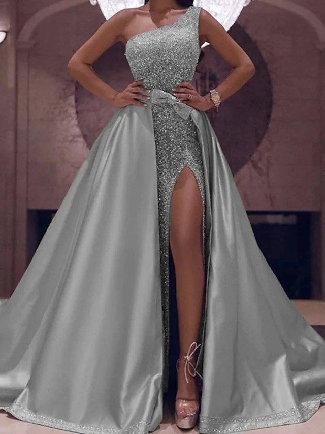 Ball Gown Sparkle Elegant Party Wear Prom Valentine's Day Dress One Shoulder Sleeveless Floor Length Satin with Bow(s) Sequin Split - RongMoon