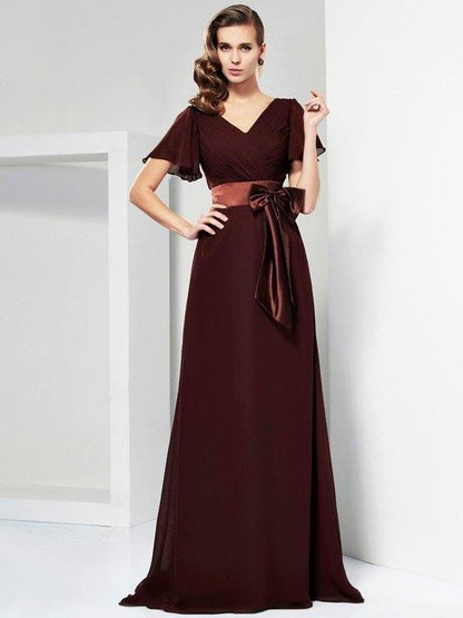 A-Line/Princess V-neck Short Sleeves Sash/Ribbon/Belt Long Chiffon Mother of the Bride Dresses - RongMoon