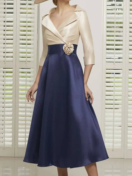 A-Line Mother of the Bride Dress Elegant Shirt Collar Ankle Length Satin 3/4 Length Sleeve with Pleats Flower - RongMoon