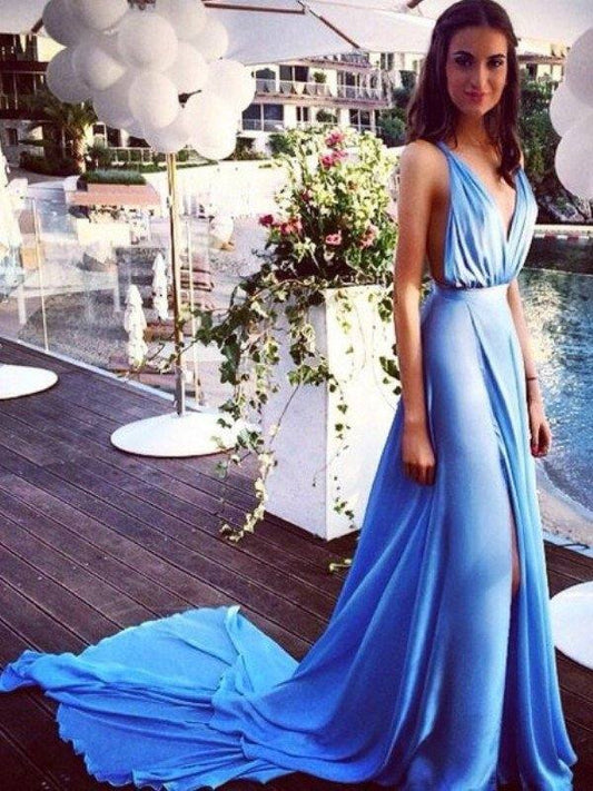 A-Line/Princess Sleeveless Spaghetti Straps Chiffon Pleats Court Train Dresses - RongMoon