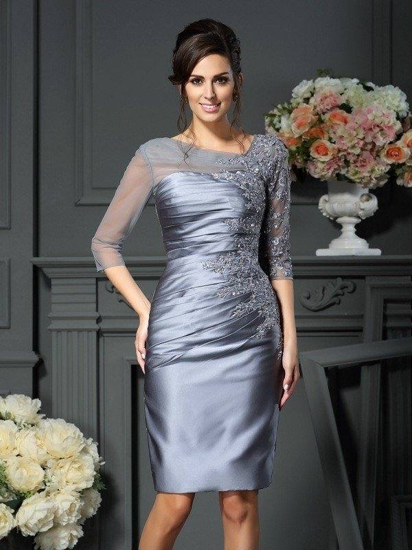 Sheath/Column Scoop Beading 1/2 Sleeves Short Satin Mother of the Bride Dresses - RongMoon