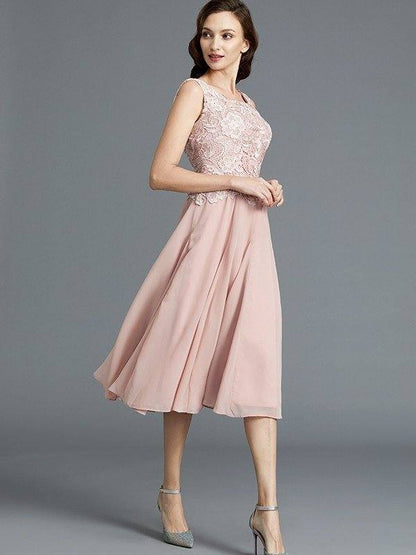 A-Line/Princess Sleeveless Scoop Tea-Length Chiffon Mother of the Bride Dresses - RongMoon