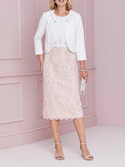 Sheath / Column Mother of the Bride Dress Elegant Jewel Neck Tea Length Lace Stretch Satin 3/4 Length Sleeve with Lace Beading Appliques - RongMoon