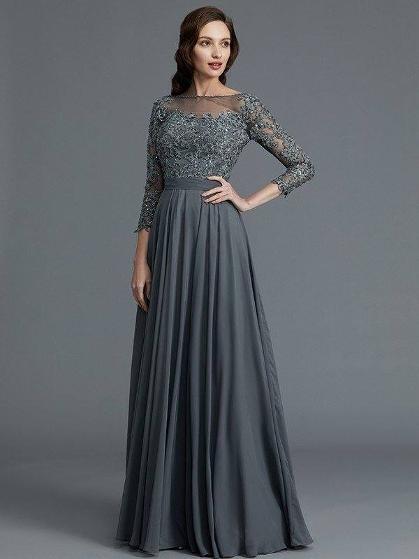 A-Line/Princess 3/4 Sleeves Bateau Floor-Length Chiffon Mother of the Bride Dresses - RongMoon