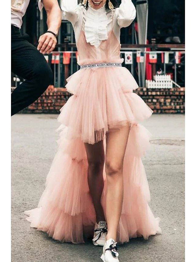 Two Piece Convertible Elegant Holiday Prom Dress High Neck Long Sleeve Sweep / Brush Train Tulle with Pleats Ruffles - RongMoon