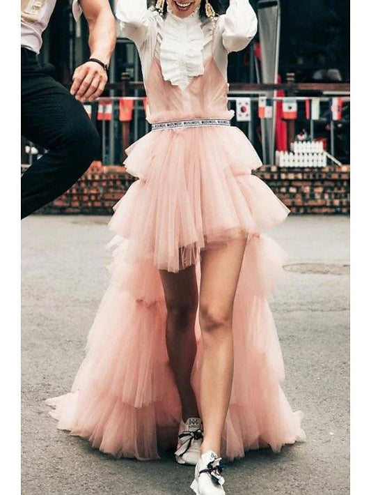 Two Piece Convertible Elegant Holiday Prom Dress High Neck Long Sleeve Sweep / Brush Train Tulle with Pleats Ruffles - RongMoon