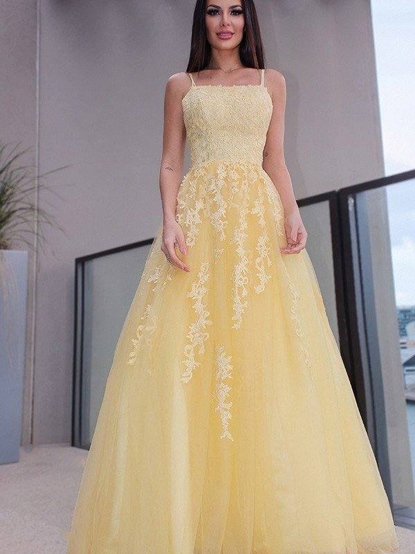 A-Line/Princess Spaghetti Straps Applique Sleeveless Tulle Floor-Length Dresses - RongMoon