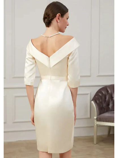 Mother of the Bride Dress Plus Size Off Shoulder Knee Length Polyester Half Sleeve with Ruffles Ruching