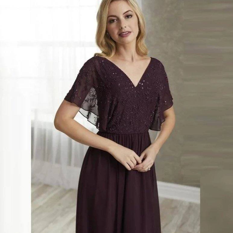 Brown Mother Of The Bride Dresses A-line V-neck Floor Length Chiffon Beaded Plus Size Long Groom Mother Dresses Wedding - RongMoon