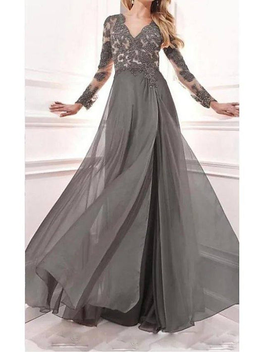 A-Line Mother of the Bride Dress Elegant V Neck Sweep / Brush Train Chiffon Lace Satin Long Sleeve with Pattern / Print Split Front - RongMoon