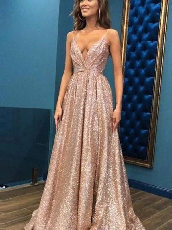 A-Line/Princess Sleeveless Spaghetti Straps Floor-Length Sequins Dresses - RongMoon