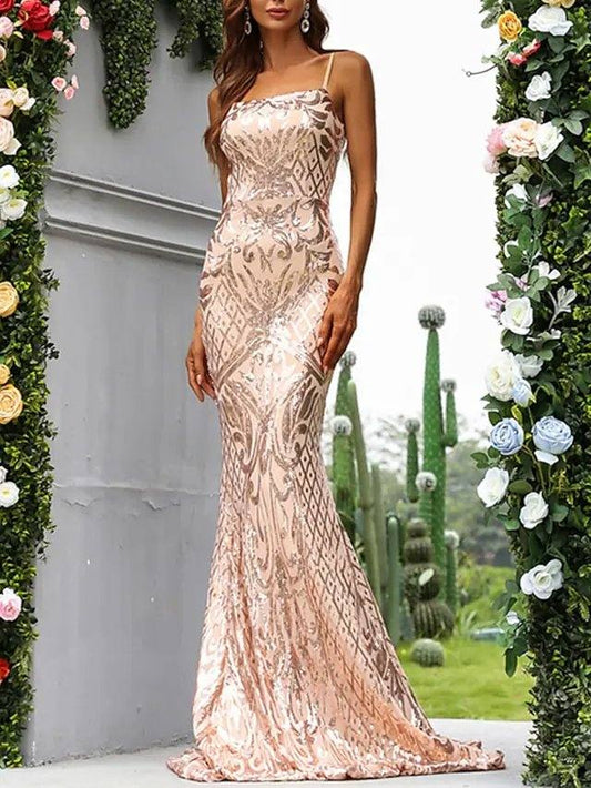 Mermaid / Trumpet Sparkle Sexy Engagement Formal Evening Dress Spaghetti Strap Strapless Sleeveless Sweep / Brush Train Stretch Fabric with Sequin - RongMoon