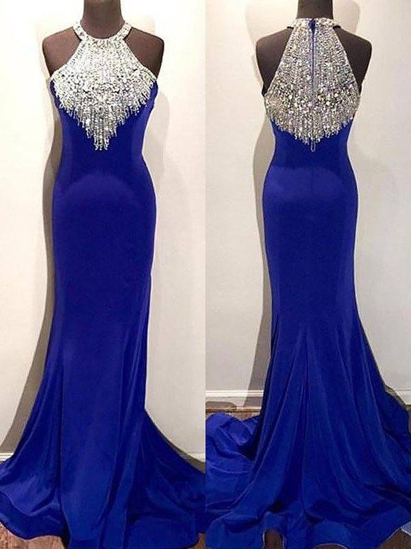 Trumpet/Mermaid Halter Sleeveless Sweep/Brush Train Beading Spandex Dresses - RongMoon
