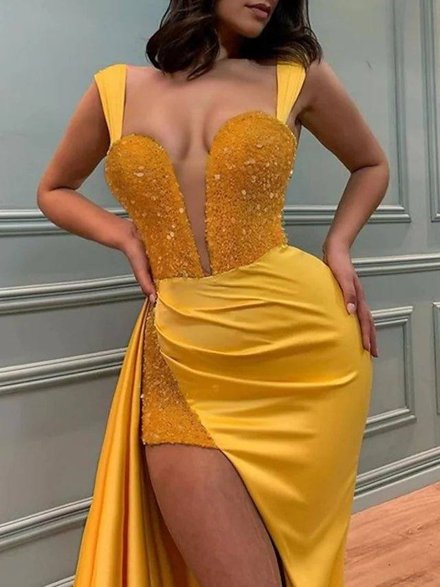 Mermaid / Trumpet Glittering Sexy Engagement Formal Evening Dress Scoop Neck Sleeveless Sweep / Brush Train Satin with Split Overskirt - RongMoon