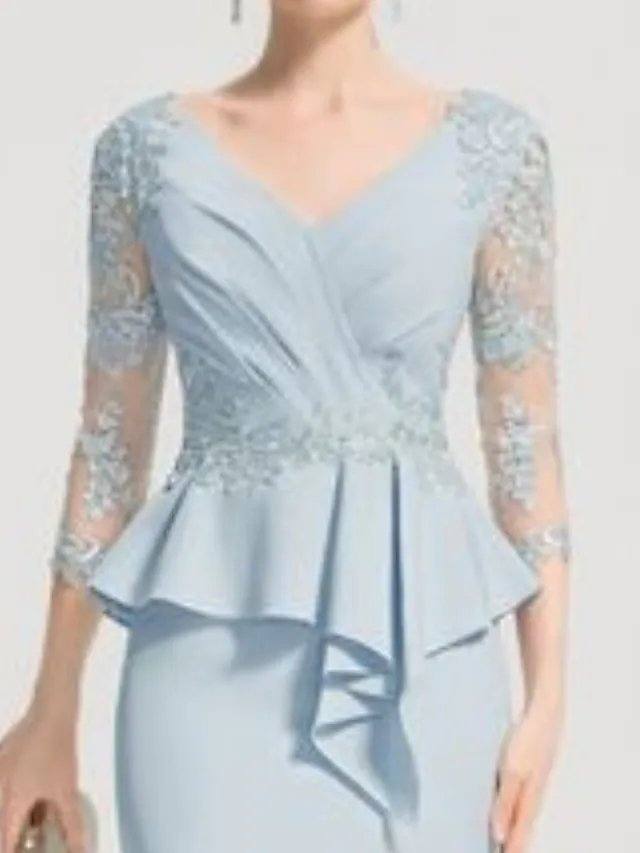 Sheath / Column Mother of the Bride Dress Elegant V Neck Knee Length Chiffon Lace 3/4 Length Sleeve with Appliques Ruching - RongMoon