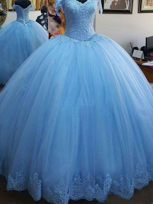 Ball Gown Sleeveless Off-the-Shoulder Sweep/Brush Train Lace Tulle Dresses - RongMoon