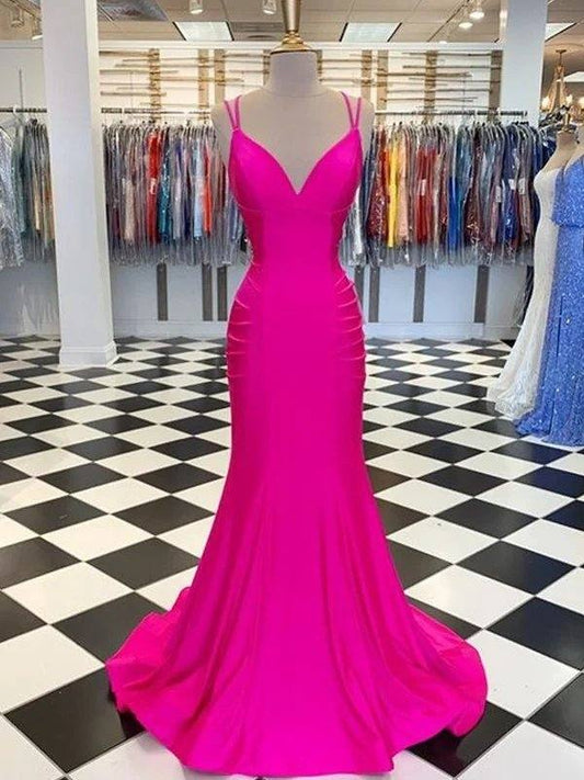 Trumpet/Mermaid Sweep/Brush Train V-neck Sleeveless Stretch Crepe Ruched Dresses - RongMoon