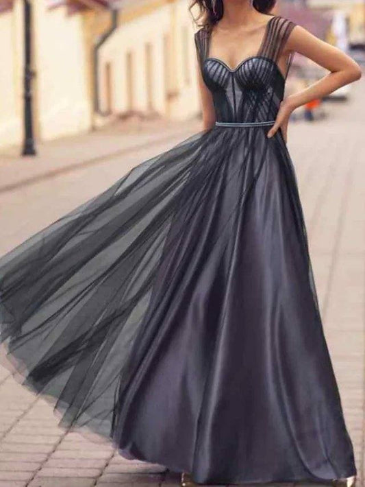 A-Line Empire Elegant Engagement Prom Dress Sweetheart Neckline Sleeveless Floor Length Tulle Stretch Satin with Pleats - RongMoon